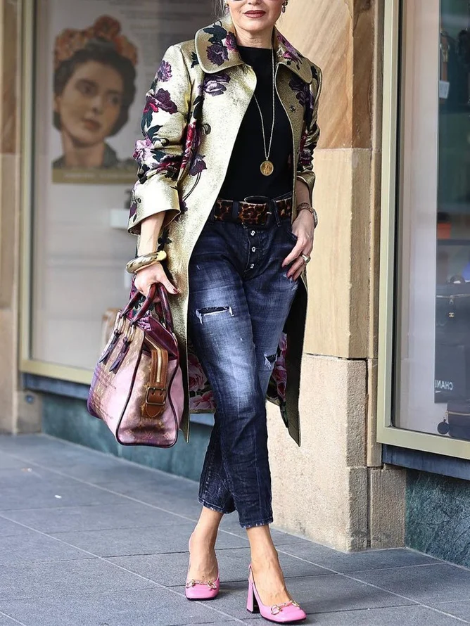 Plus Size Loose Elegant Shawl Collar Floral Trench Coat