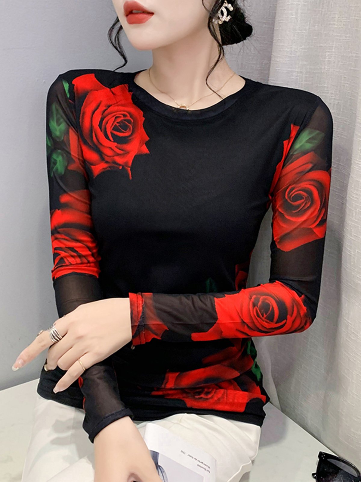 Elegant Crew Neck Floral Long Sleeve Tight T Shirt Stylewe