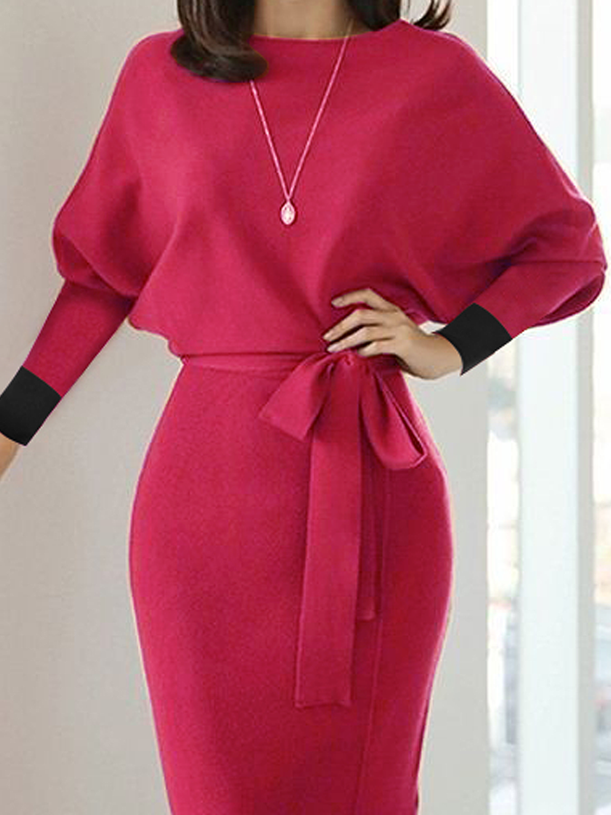 High Elasticity Elegant Color Block Long Sleeve Sweater Midi Dress With Belt