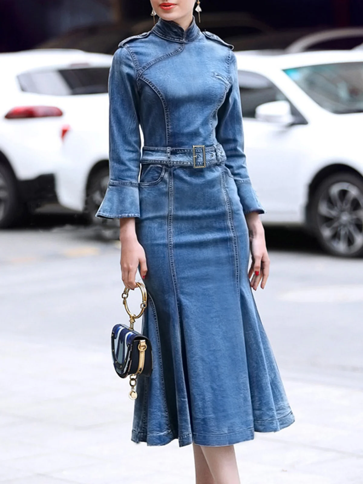 Stand Collar Elegant Plain Denim Dress | stylewe