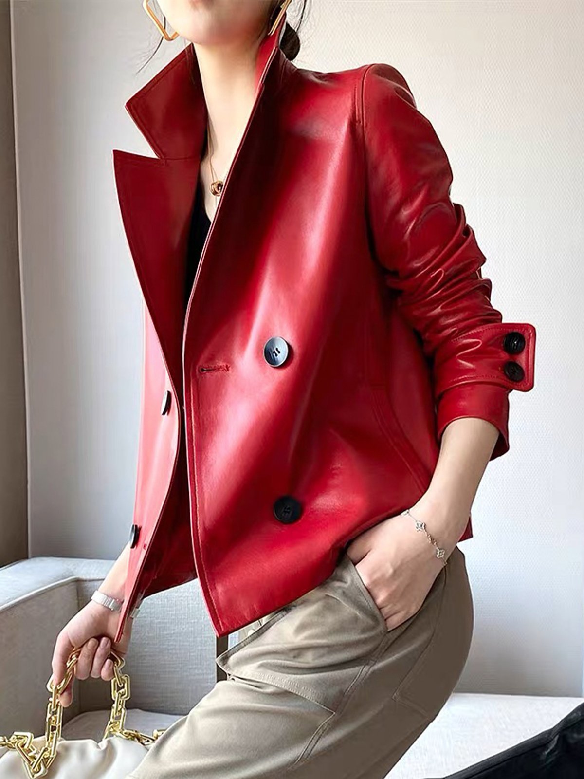 Urban Long Sleeve Loose Lapel Collar Leather Coat