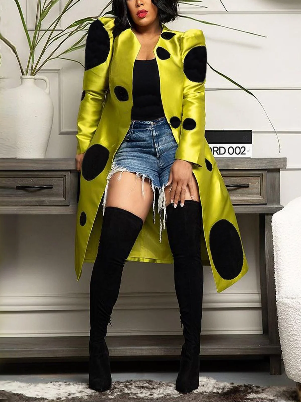 Elegant Crew Neck Polka Dots Loose Trench Coat