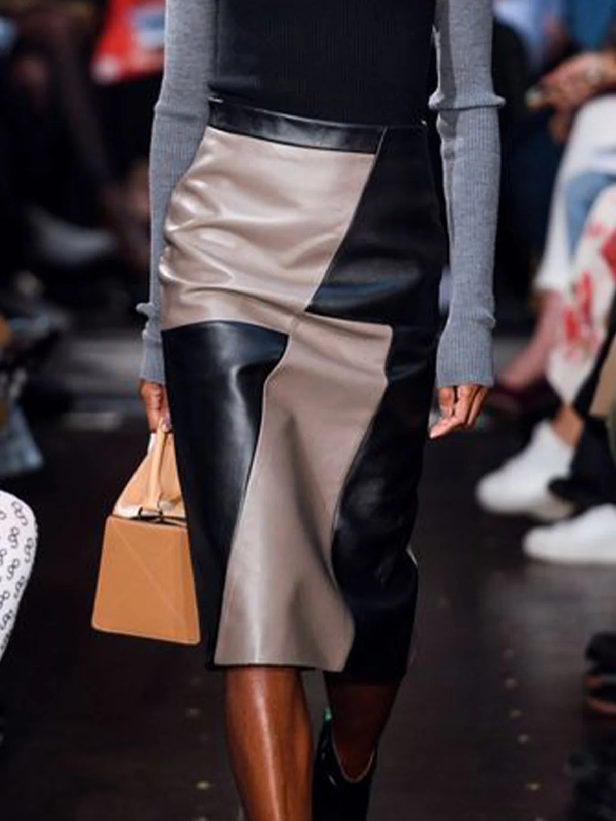 Regular Fit Color Block Urban Faux Leather Midi Skirt