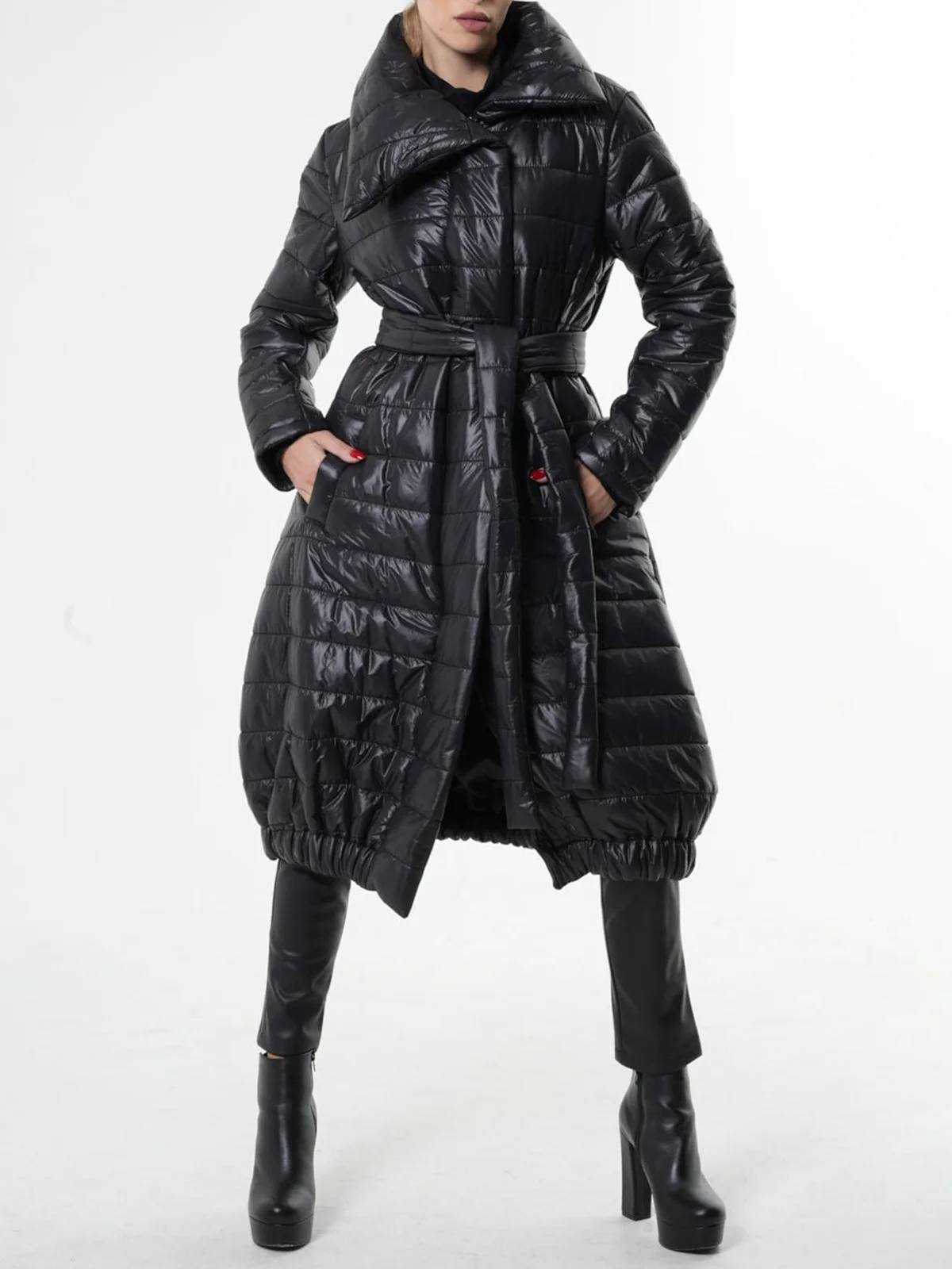 Urban Plain Shawl Collar Regular Fit Padded Jacket With Belt