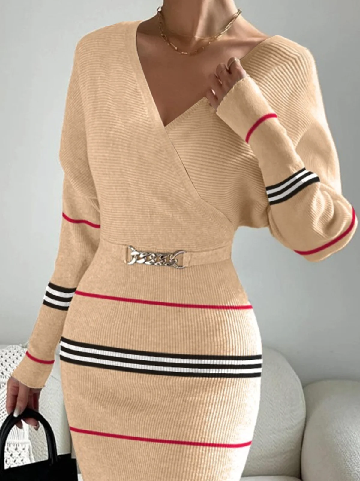 High Elasticity Elegant V Neck Long Sleeve Tight Striped Sweater Midi Dress