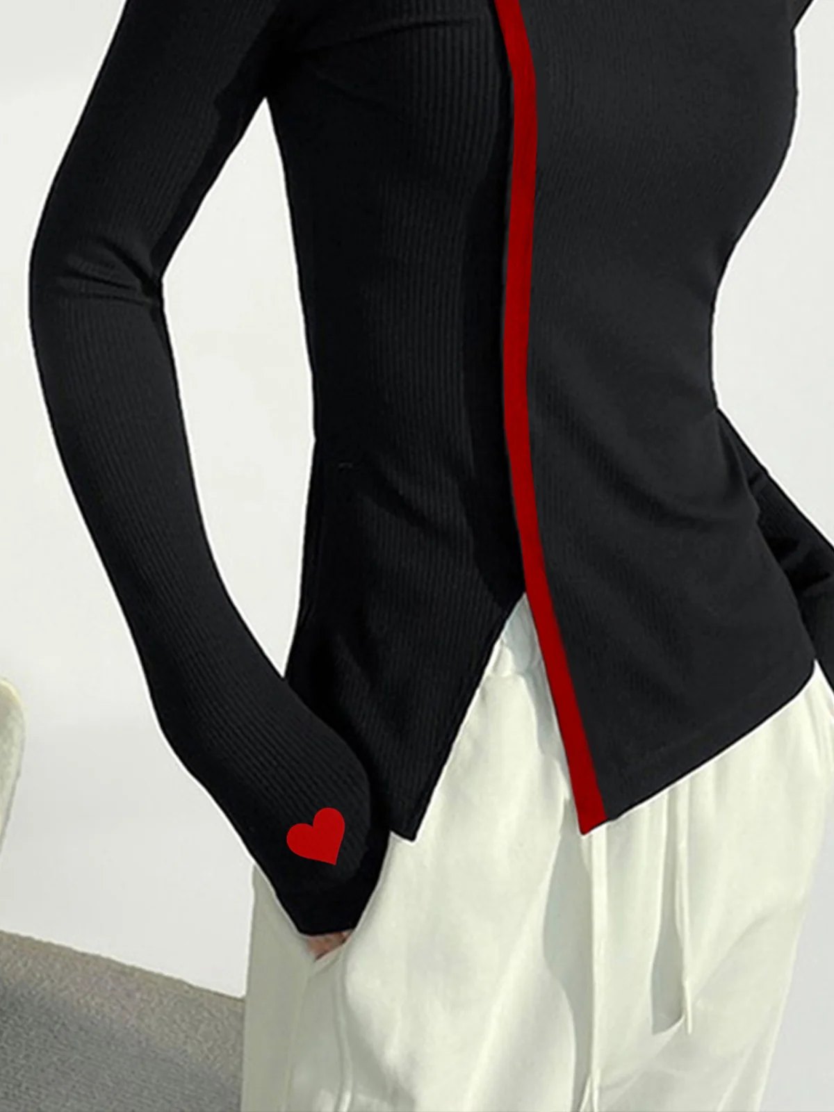 Stand Collar Color Block Heart Urban  Long Sleeve T-Shirt