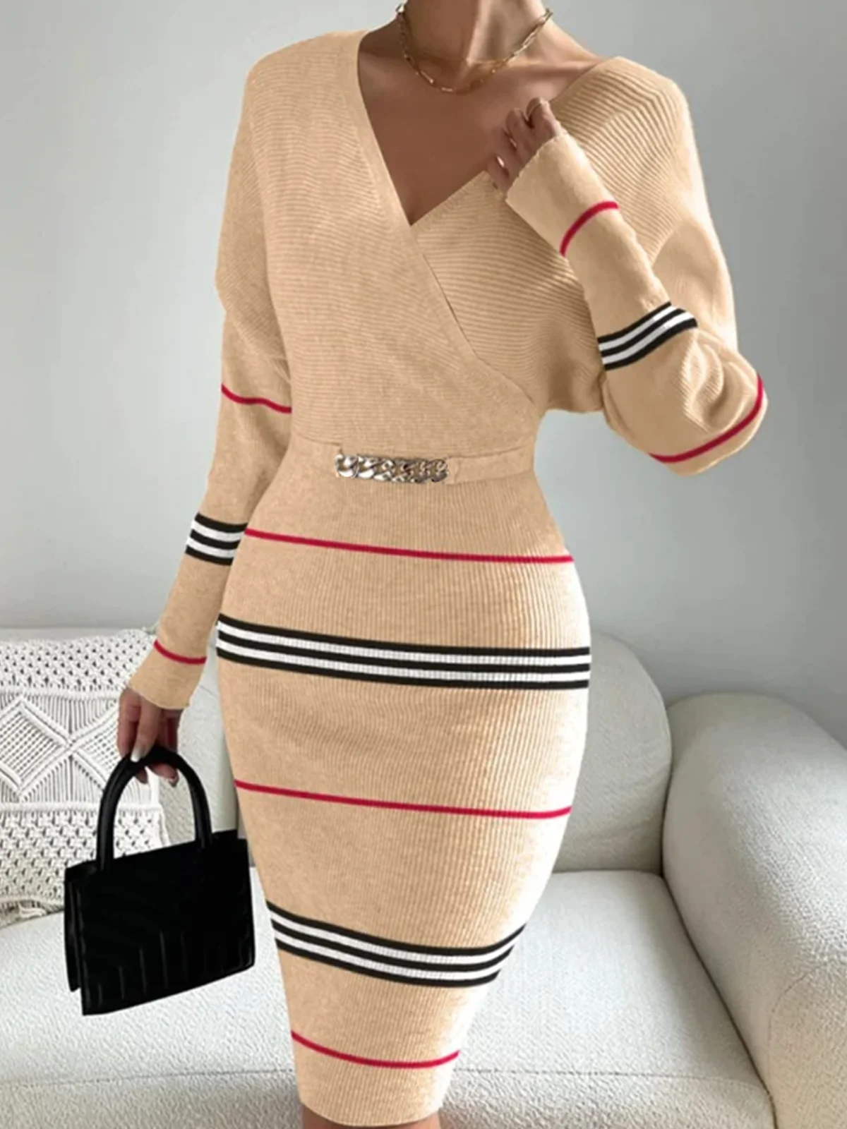 Plus Size High Elasticity Tight Elegant Sweater Midi Dress