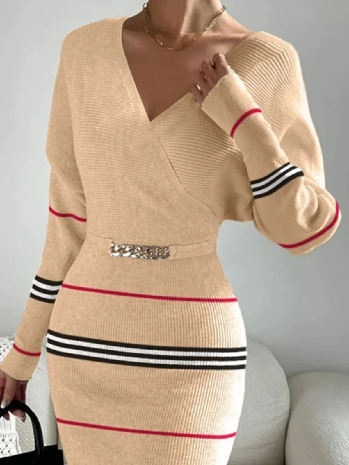 High Elasticity Elegant V Neck Long Sleeve Tight Striped Sweater Midi Dress