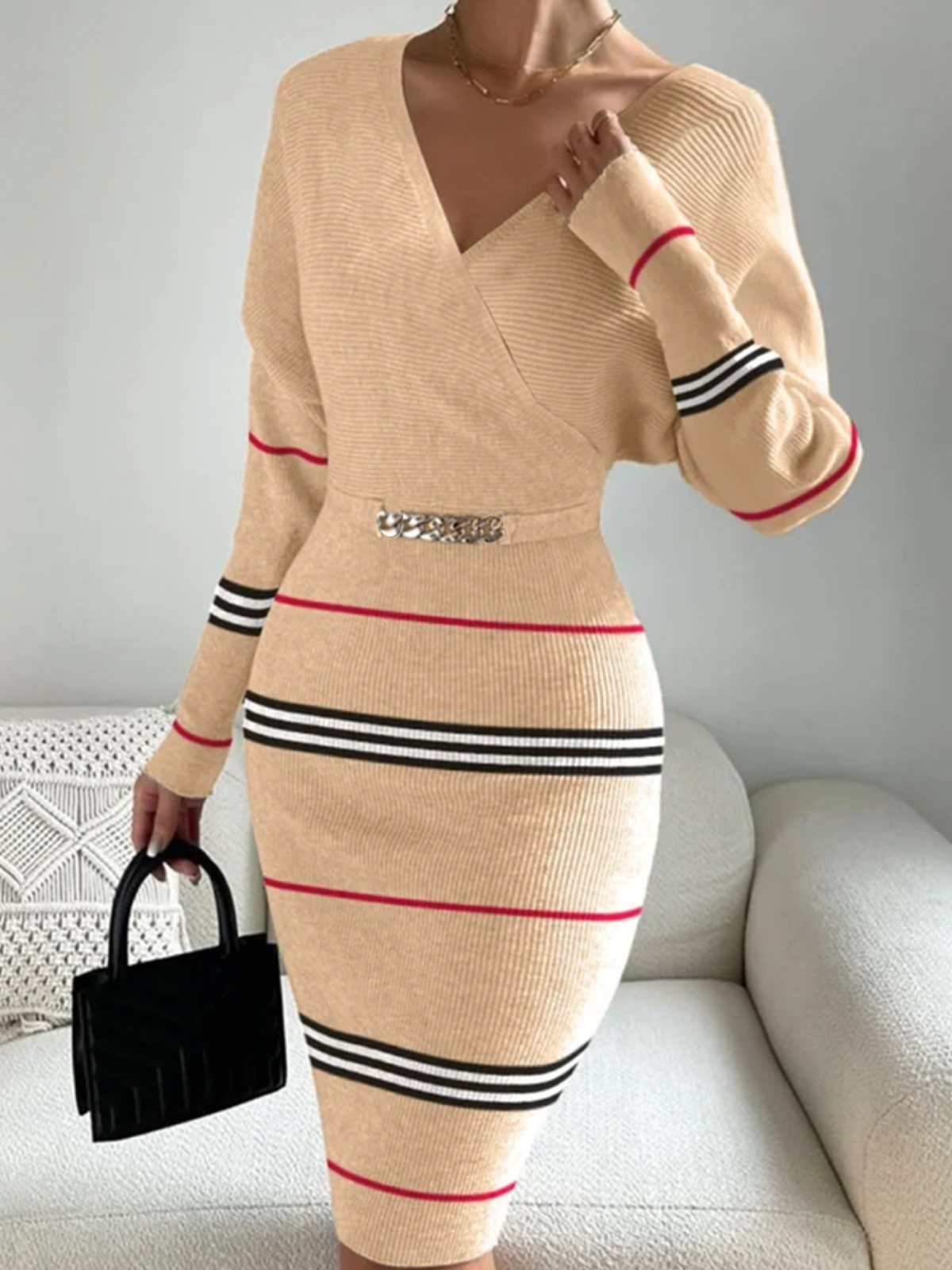 High Elasticity Elegant V Neck Long Sleeve Tight Striped Sweater Midi Dress