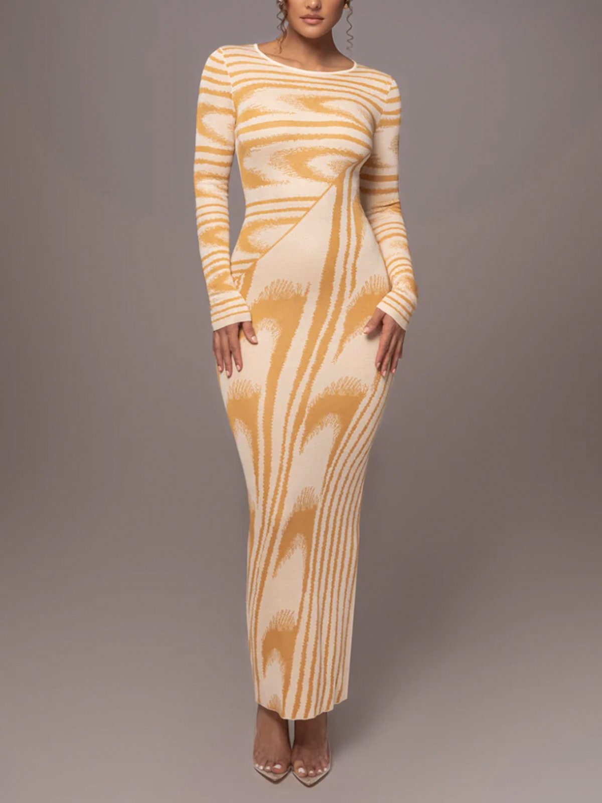 Elegant Tight Stand Collar Abstract Long Sleeve Maxi Dress With No Belt