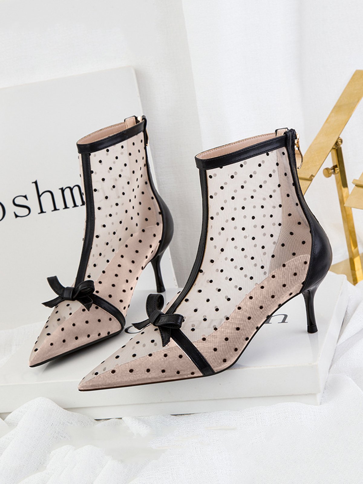 Polka Dots Mesh Bowknot Stiletto Heel Fashion Boots