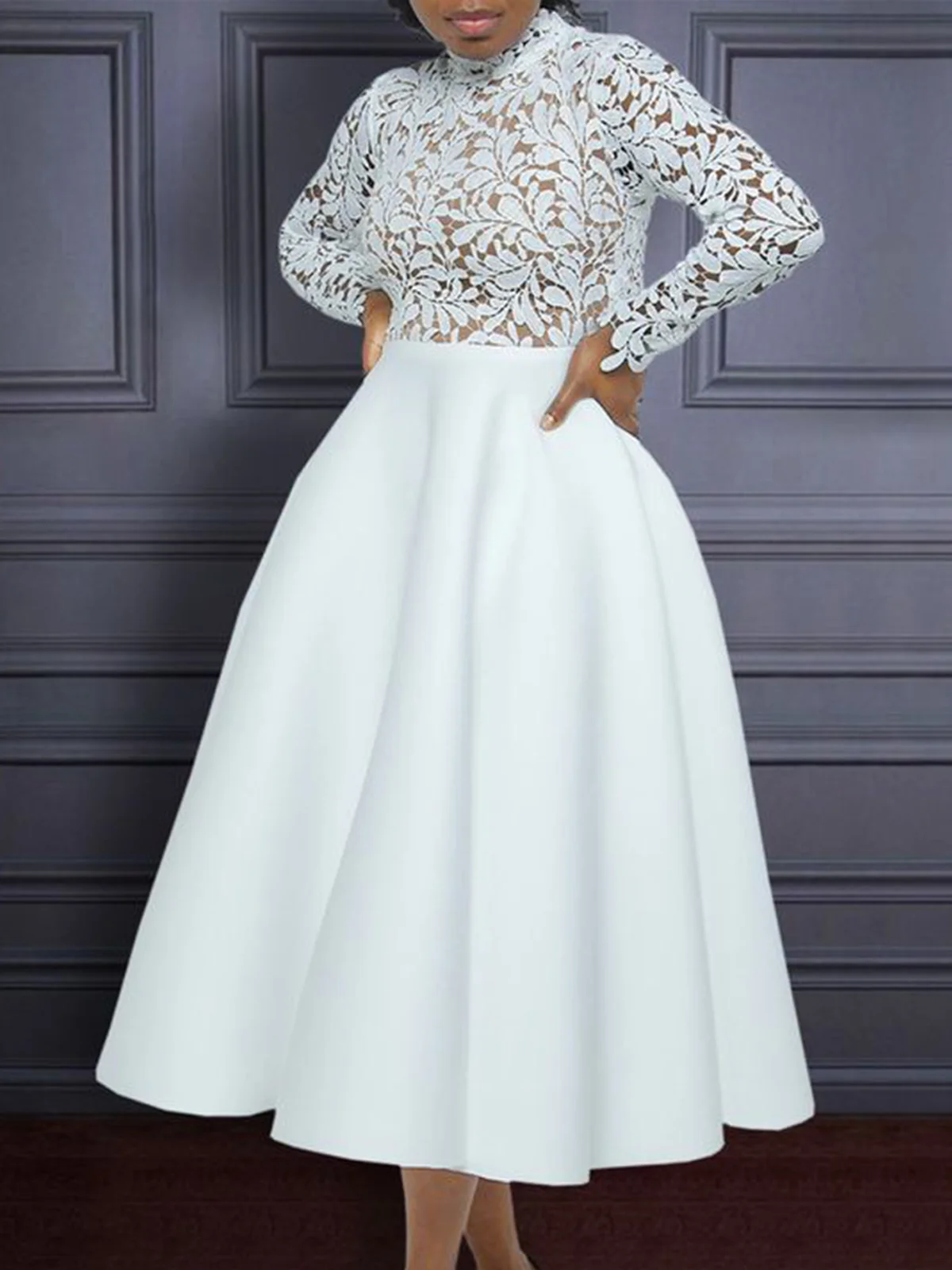 Long Sleeve Elegant Hollow Out Stand Collar Lace Dress