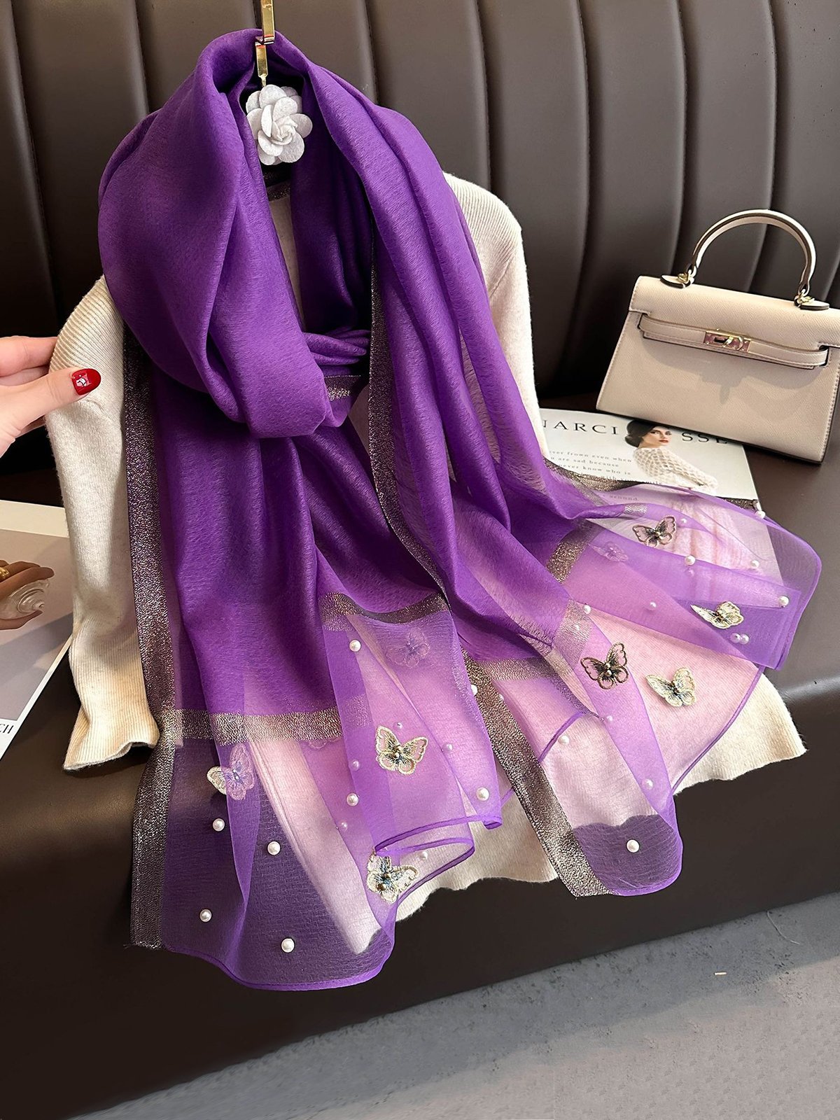 Elegant Butterfly Embroidery Beaded Lightweight Imitation Silk Scarf