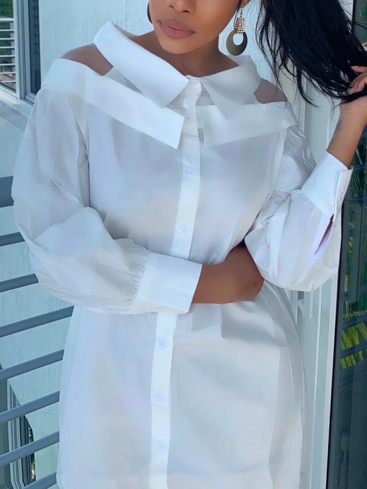 Urban Plain Shirt Collar Midi Dress