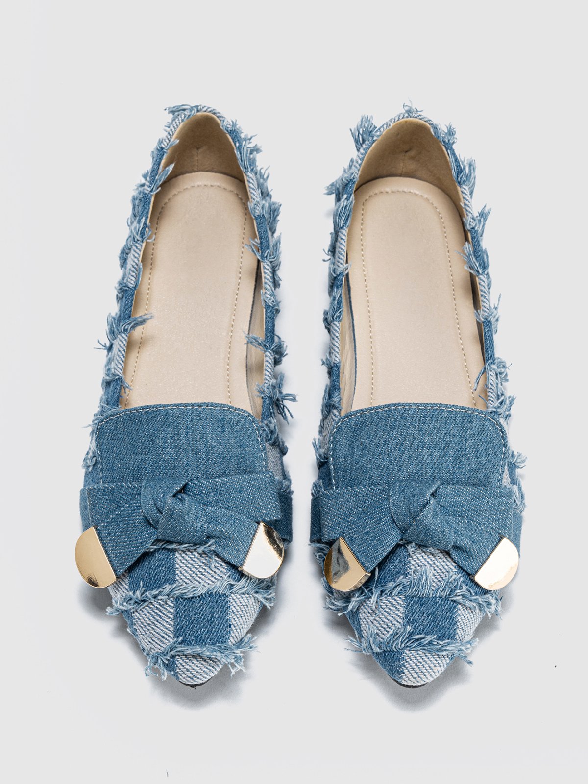 Fashionable Denim Plaid Fringe Bowknot Flat  Shallow Shoes