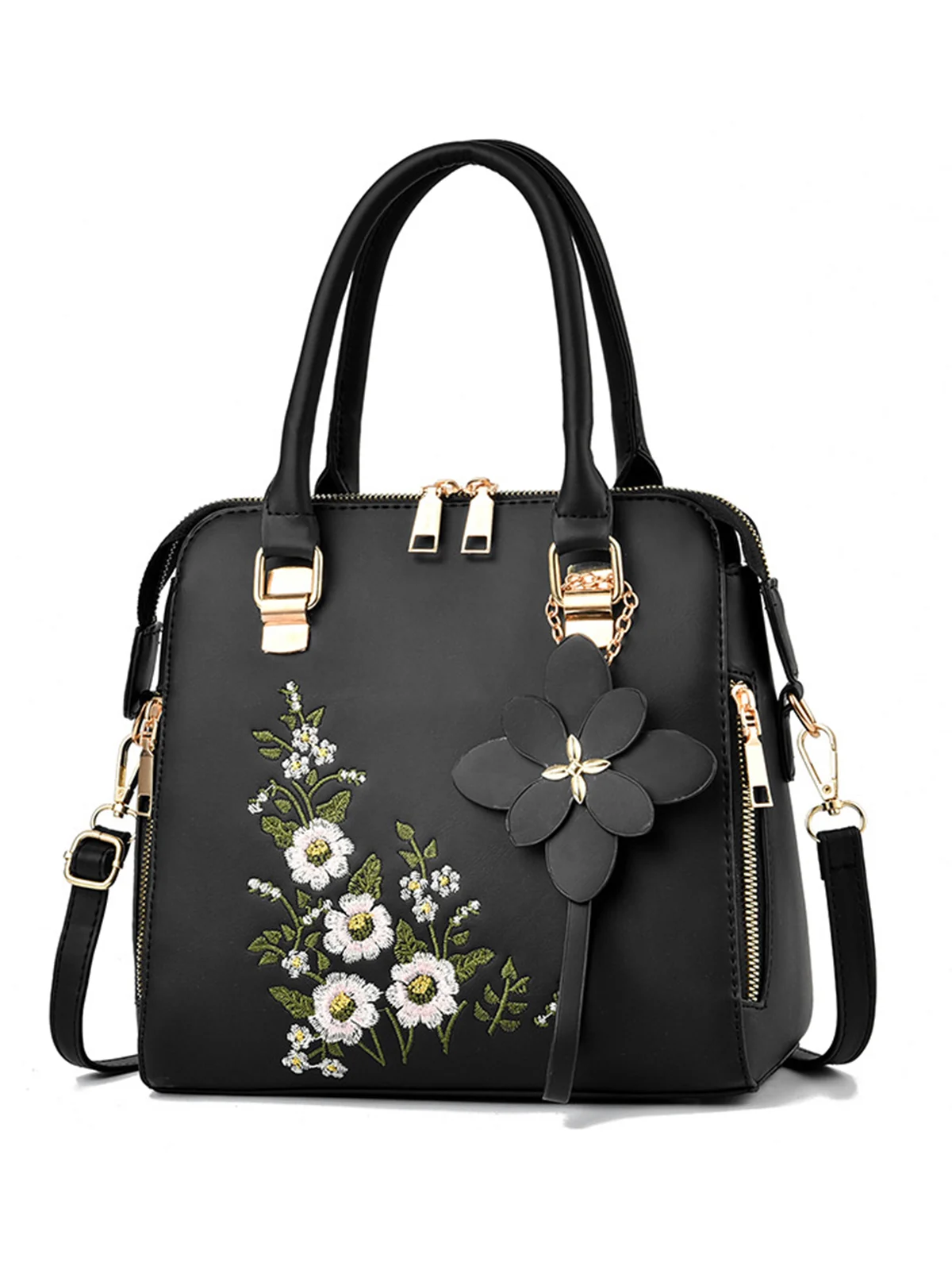 Floral Embroidery Tote Bag Commuting Large Capacity Crossbody Bag with Pendant