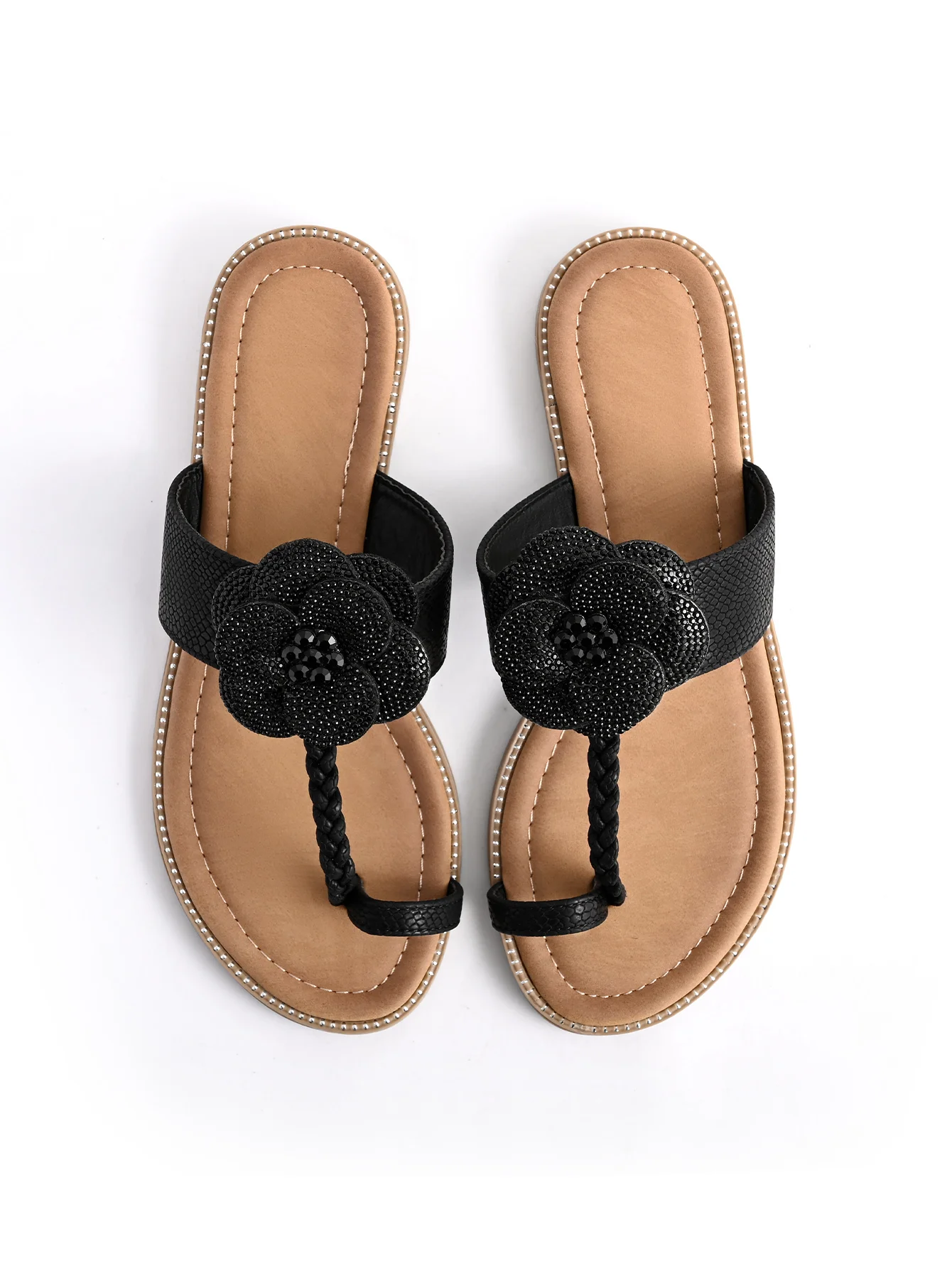 Rhinestone Applique Toe-Loop Slide Sandals