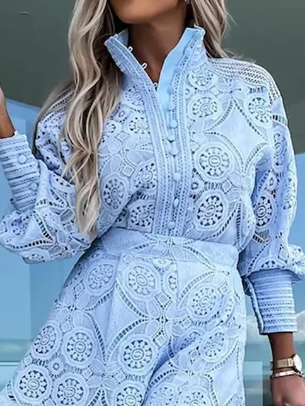 Regular Fit Plain Stand Collar Long Sleeve Urban Lace Blouse