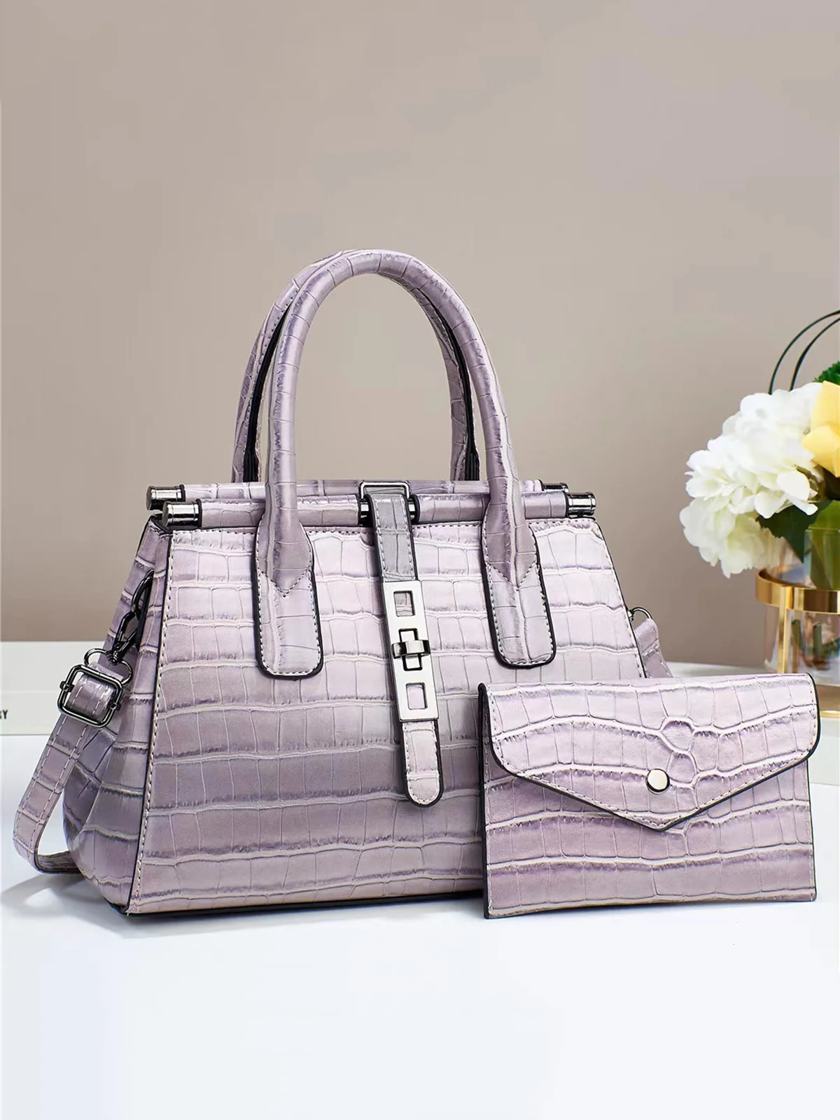 2pcs/set Large Capacity Crocodile Embossed Tote Bag Commuting Crossbody Bag with Coin Purse