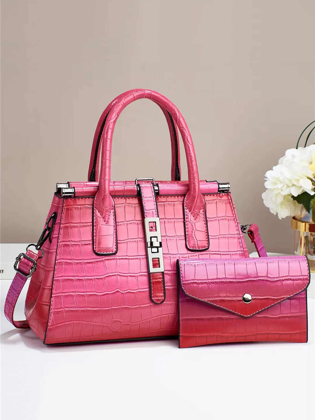 2pcs/set Large Capacity Crocodile Embossed Tote Bag Commuting Crossbody Bag with Coin Purse