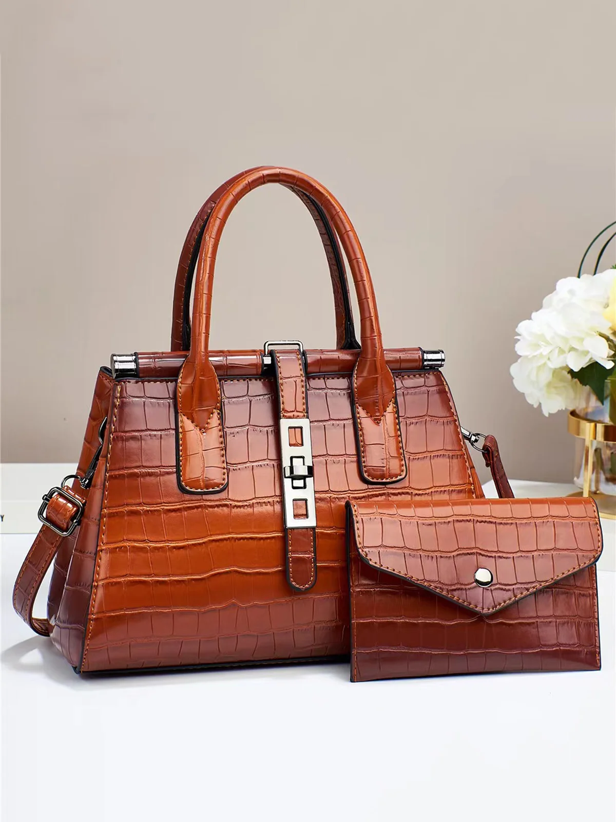 2pcs/set Large Capacity Crocodile Embossed Tote Bag Commuting Crossbody Bag with Coin Purse