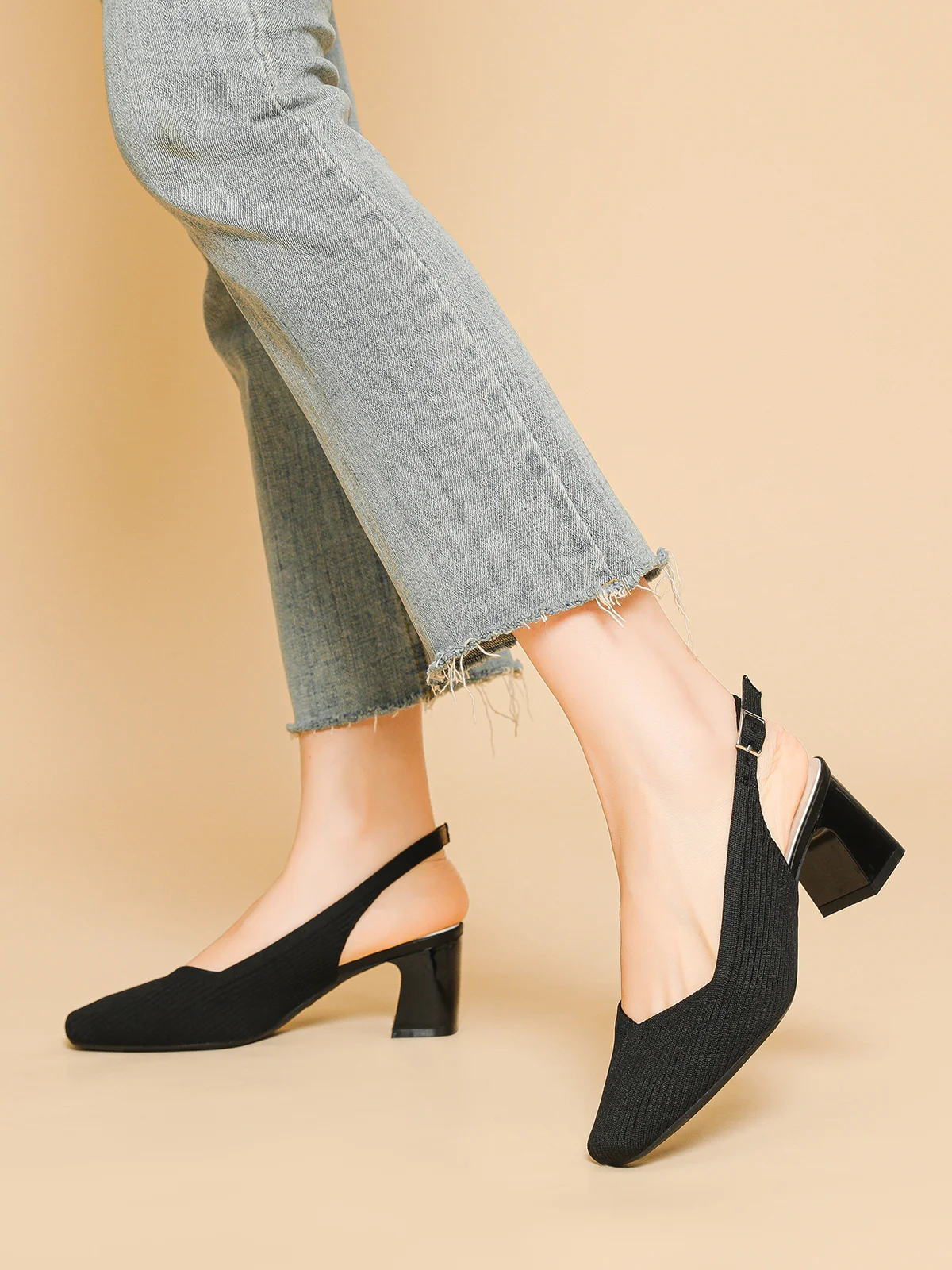 Minimalist Breathable Mesh Fabric Block Heel Slingback Pumps