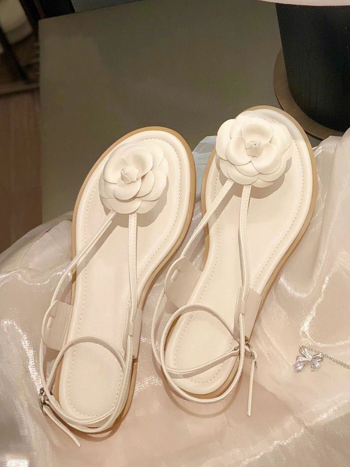 Elegant Camellia Ankle Strap Thong Sandals