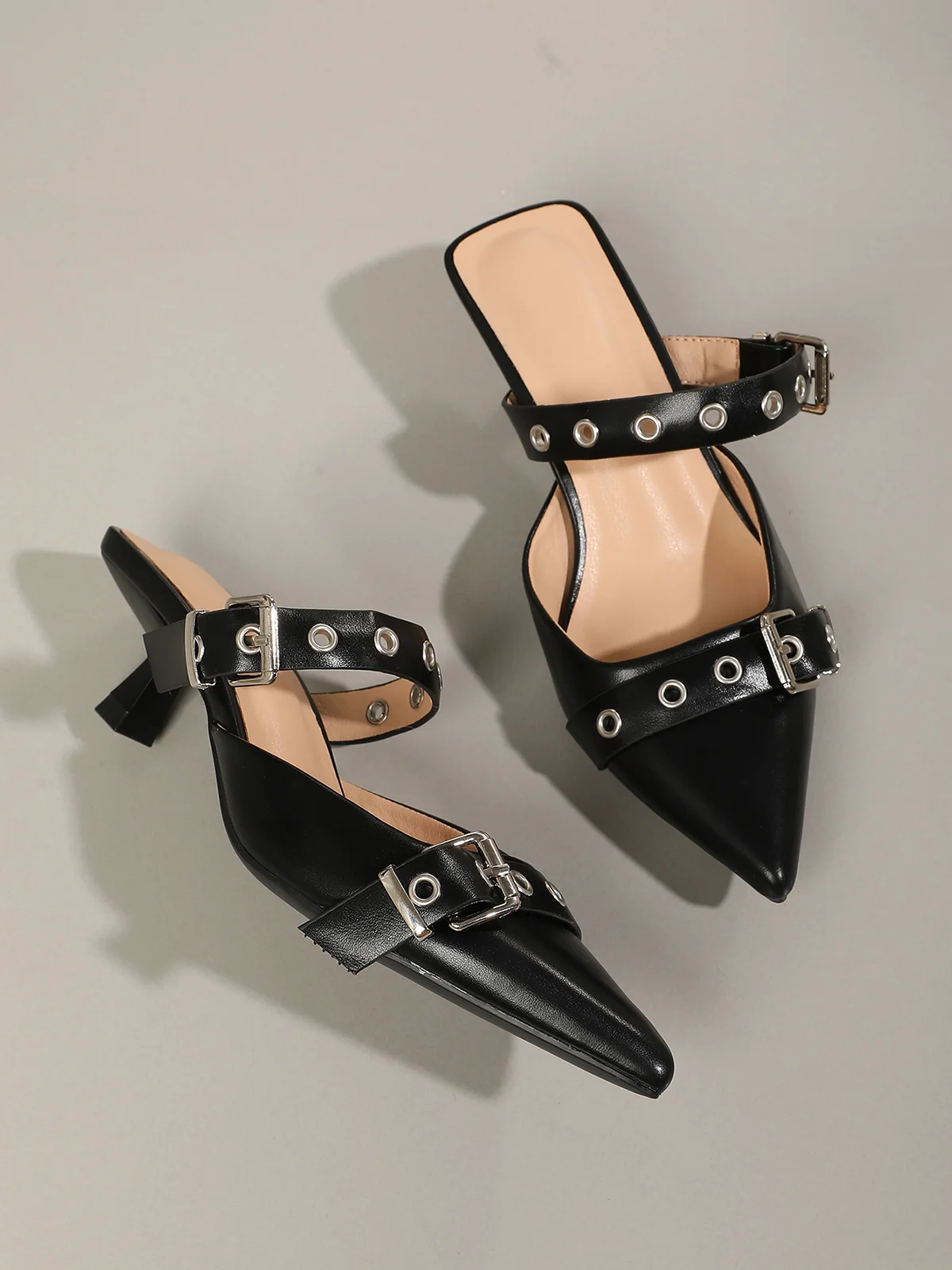 Buckle Studs Kitten Heeled Mules