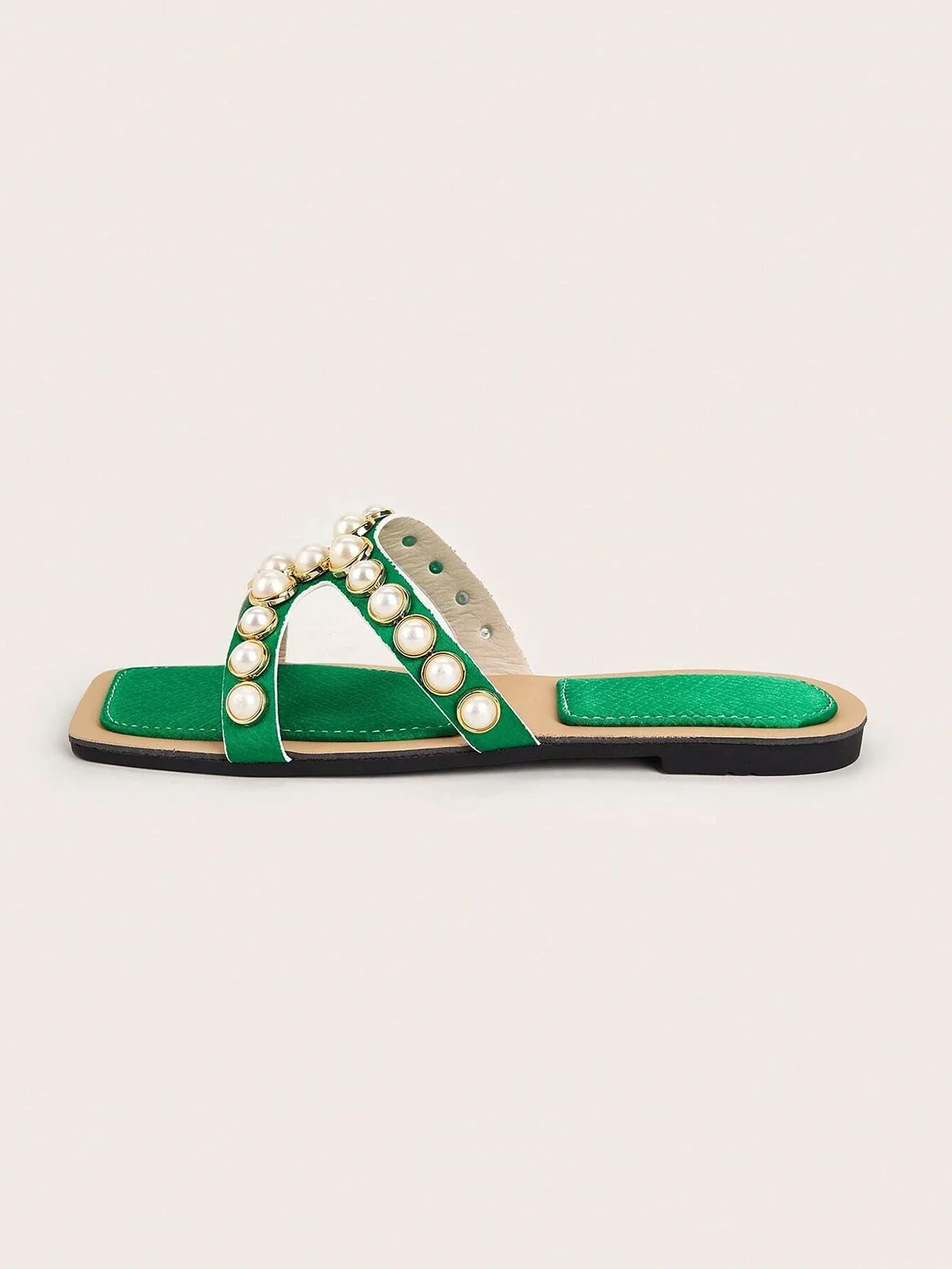 Elegant Imitation Pearl Embossed Cut Out Slide Sandals