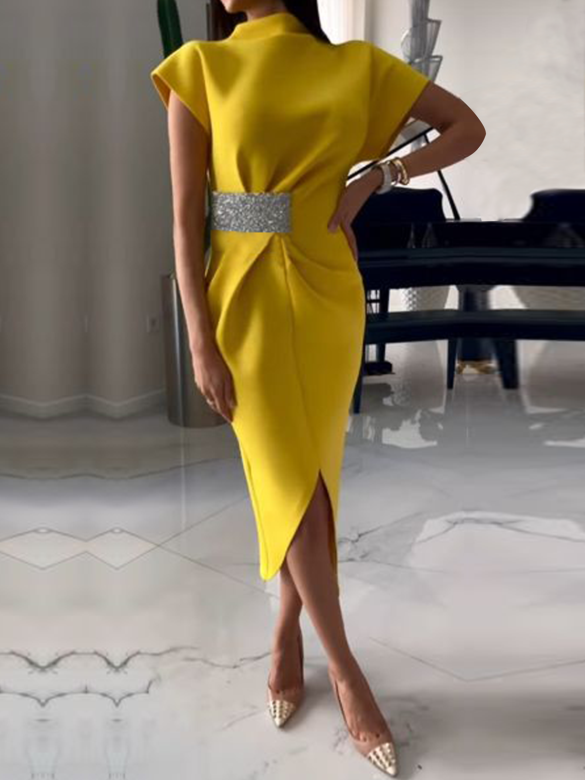 Elegant Stand Collar Waist Design Midi Dress