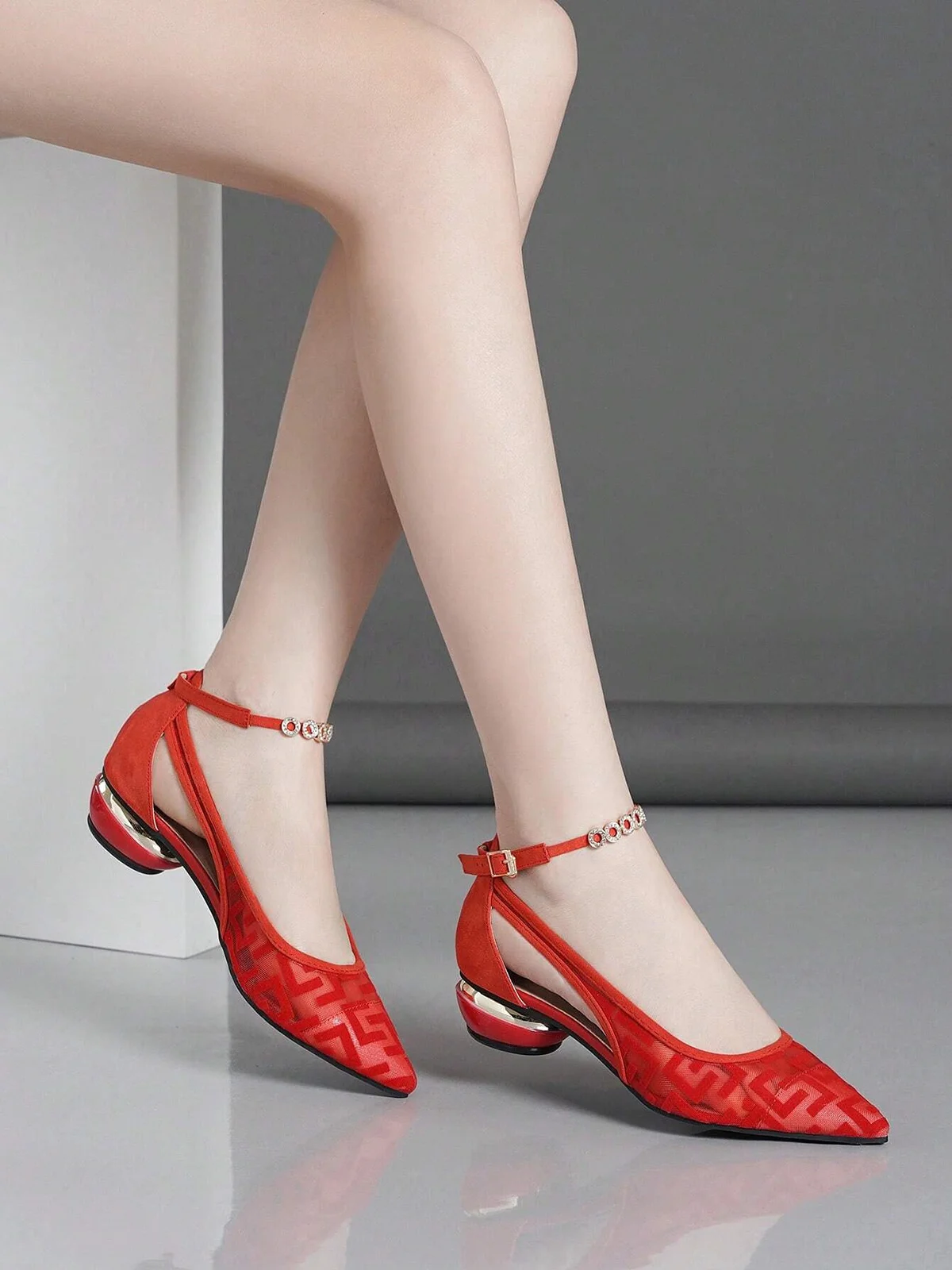 Breathable Jacquard Mesh Cutout Low Heel Shoes with Removable Rhinestone Ankle Strap