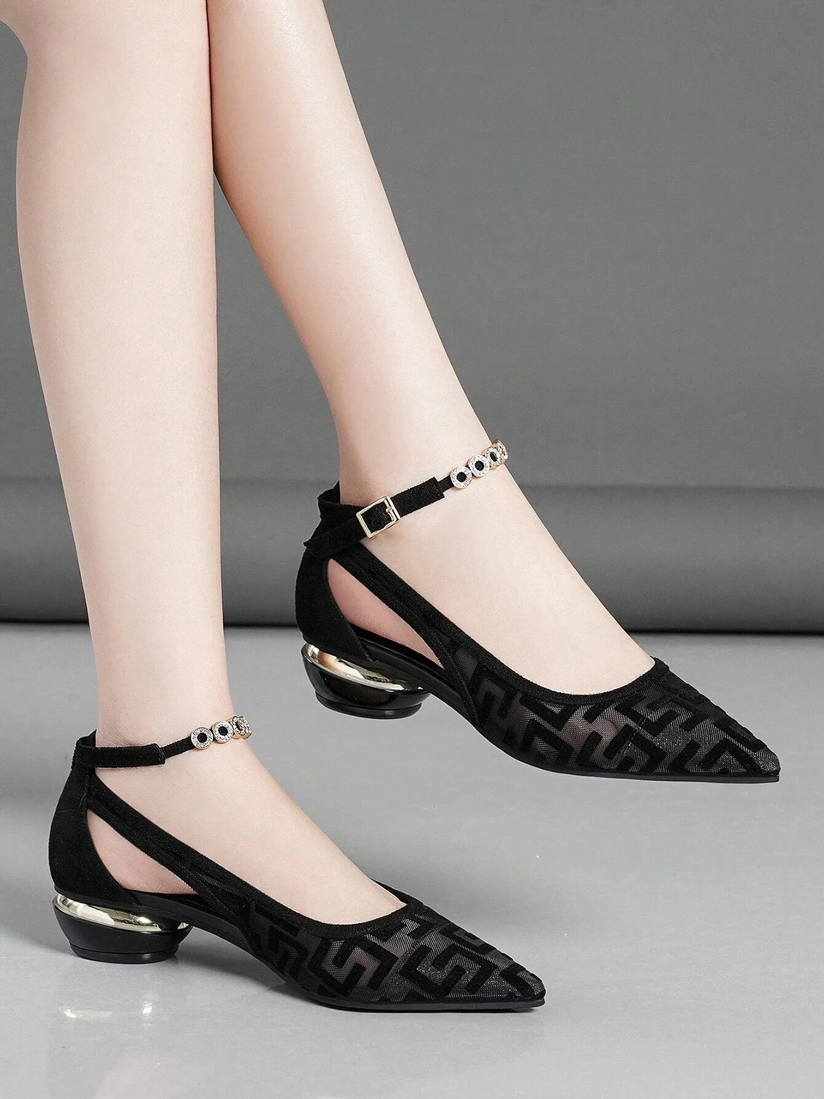 Breathable Jacquard Mesh Cutout Low Heel Shoes with Removable Rhinestone Ankle Strap