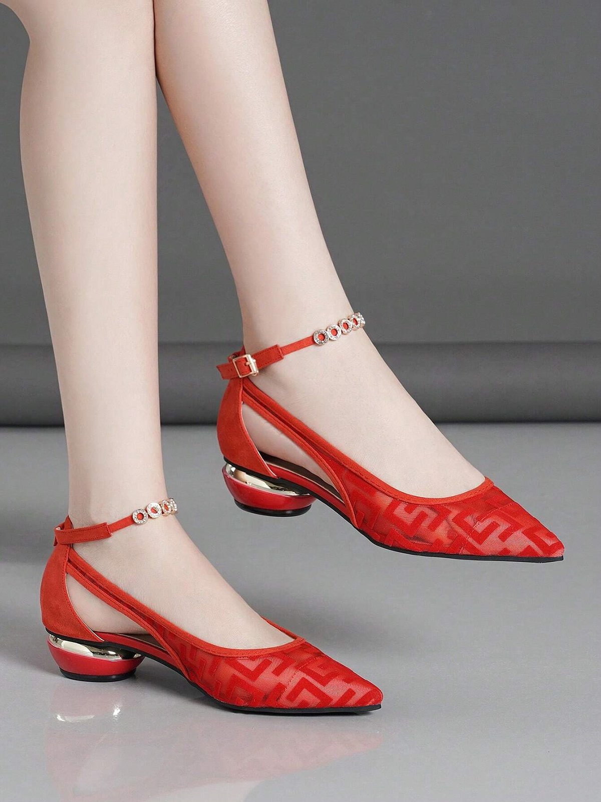 Breathable Jacquard Mesh Cutout Low Heel Shoes with Removable Rhinestone Ankle Strap