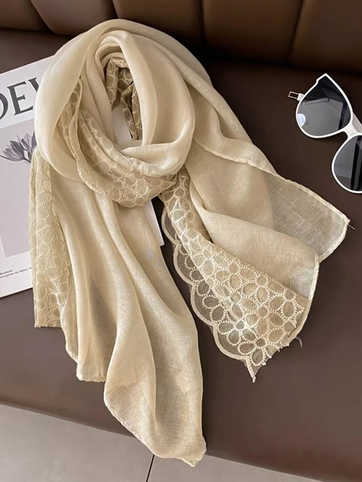 Casual Floral Embroidery Linen Scarf