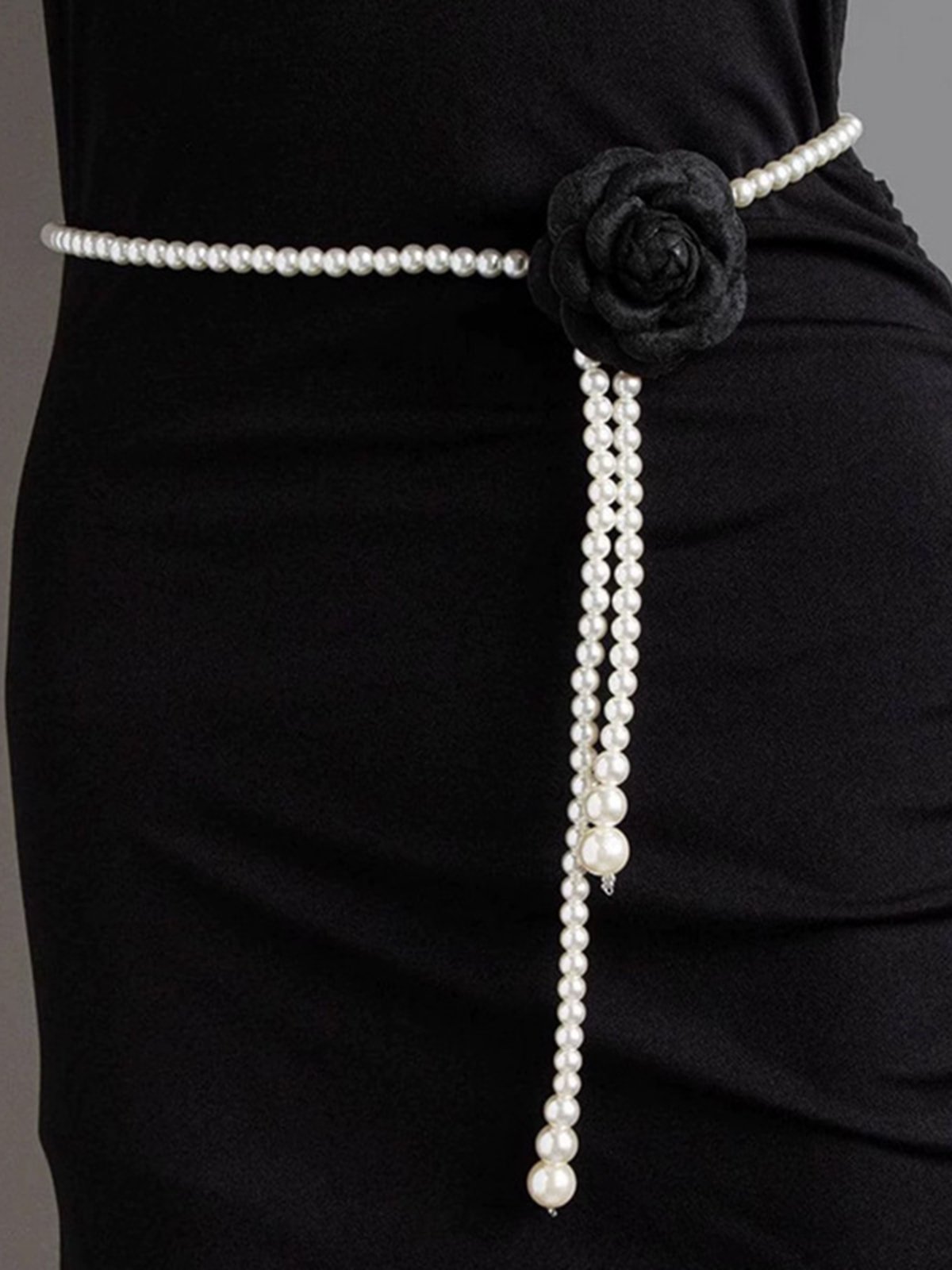 Elegant Camellia Flower Waist Chain Faux Pearls Necklace