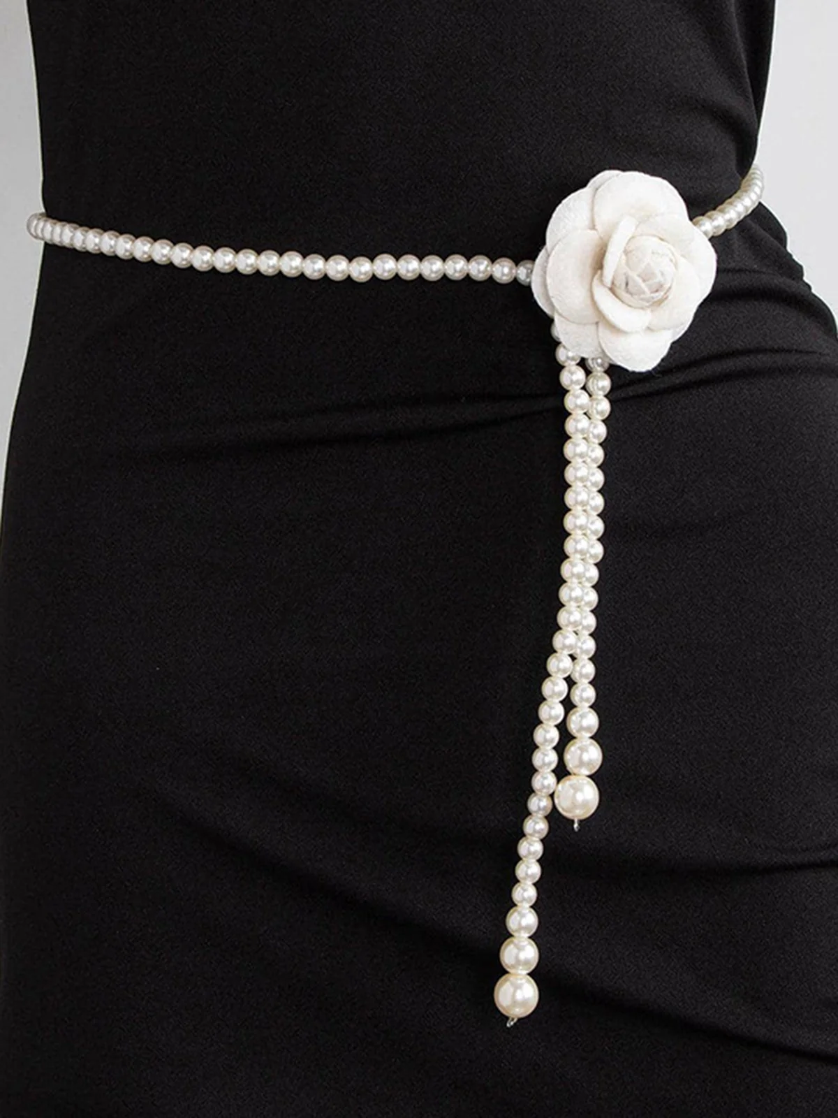 Elegant Camellia Flower Waist Chain Faux Pearls Necklace