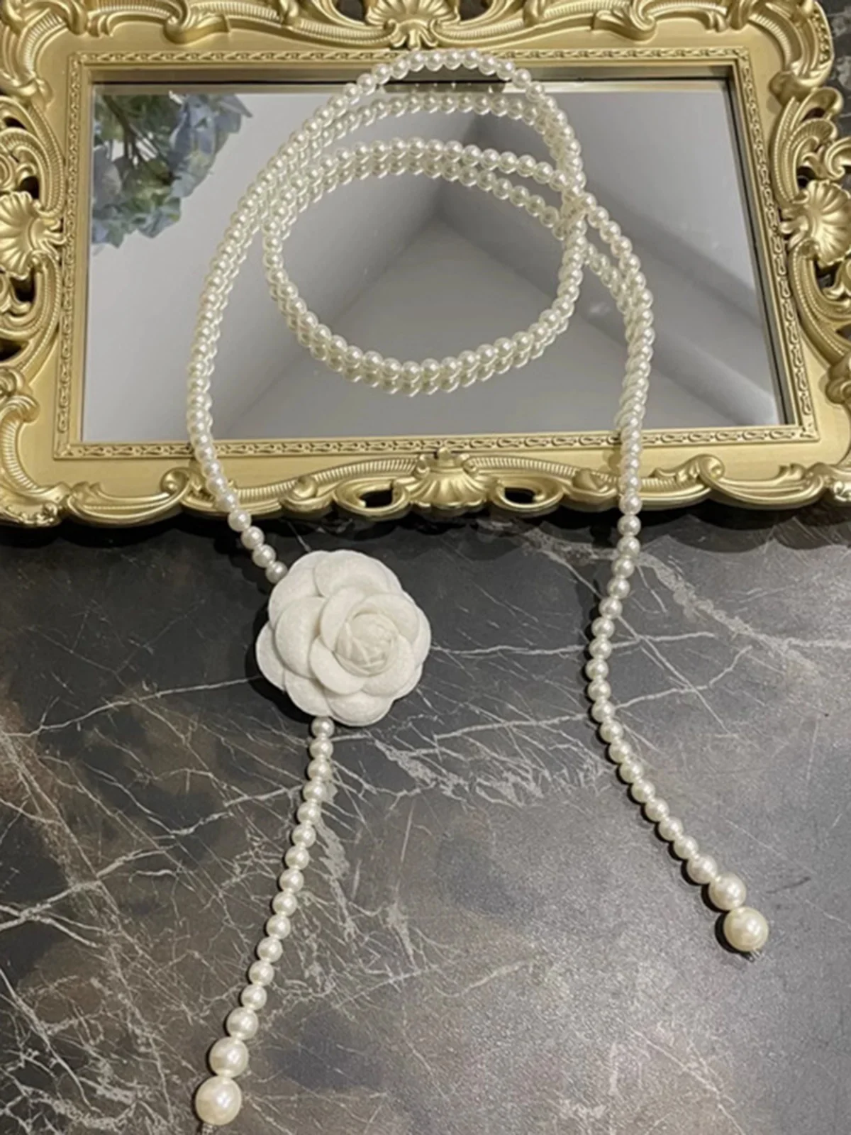 Elegant Camellia Flower Waist Chain Faux Pearls Necklace