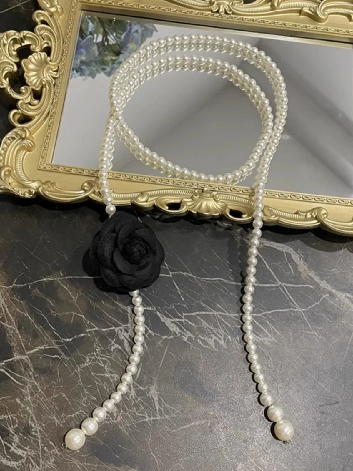 Elegant Camellia Flower Waist Chain Faux Pearls Necklace