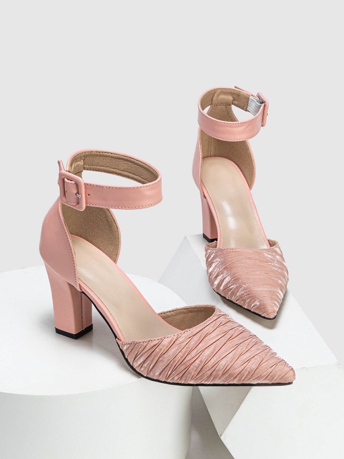 Minimalist Ruched Chunky Heel Ankle Strap Hollow Pumps