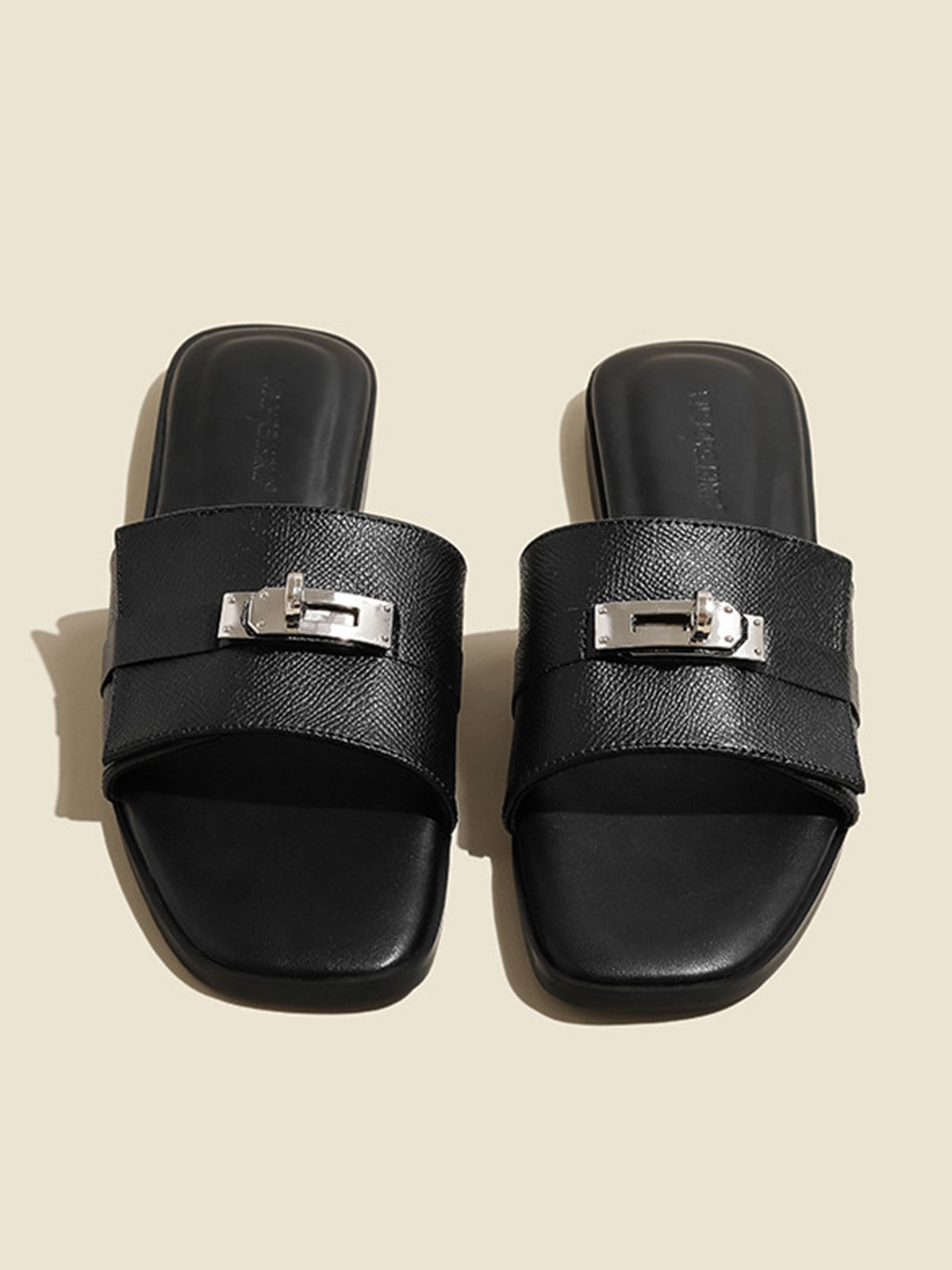 Minimalist Metal Decor Square Toe Slide Sandals