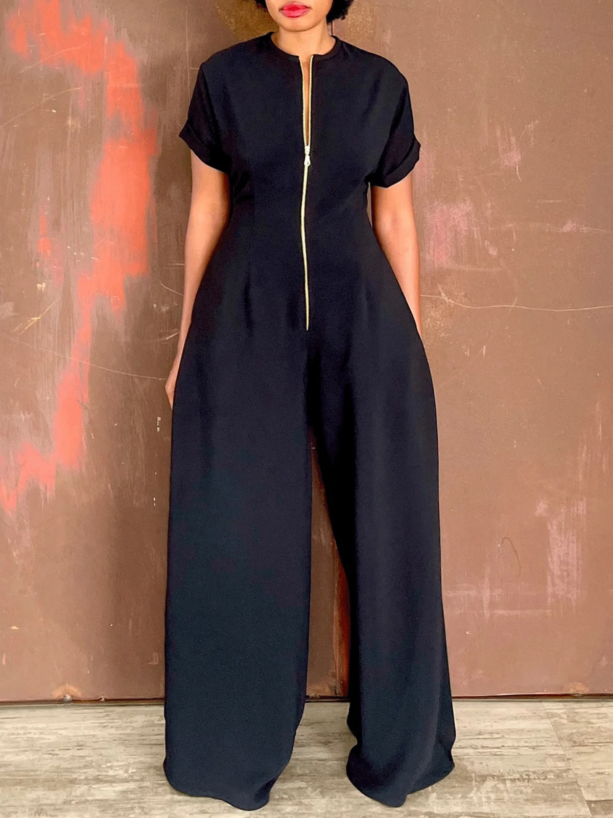 Zipper Crew Neck Regular Fit Urban Plain Jumpsuit