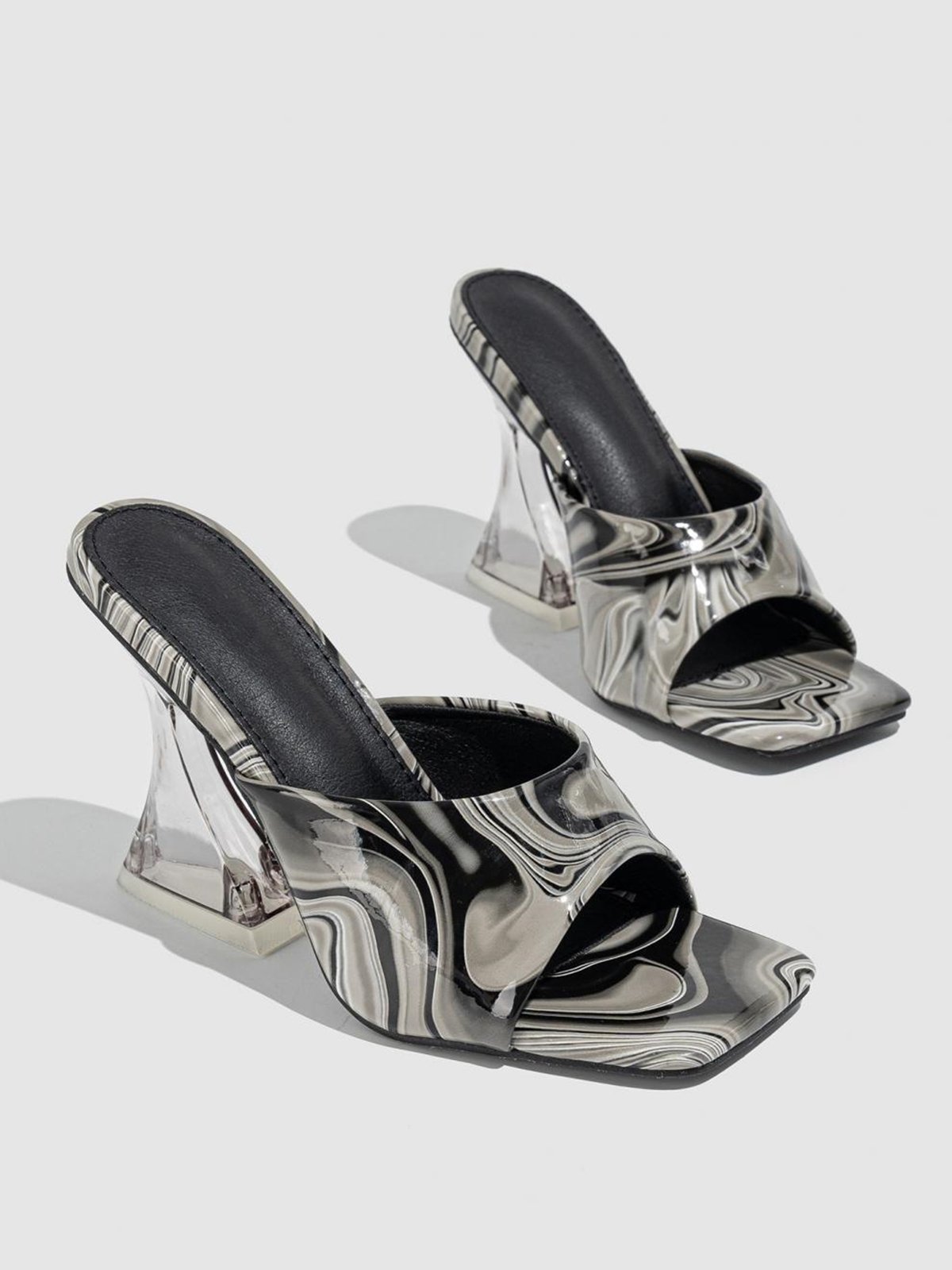 Abstract Print Clear Sculptural Heeled Mule Sandals