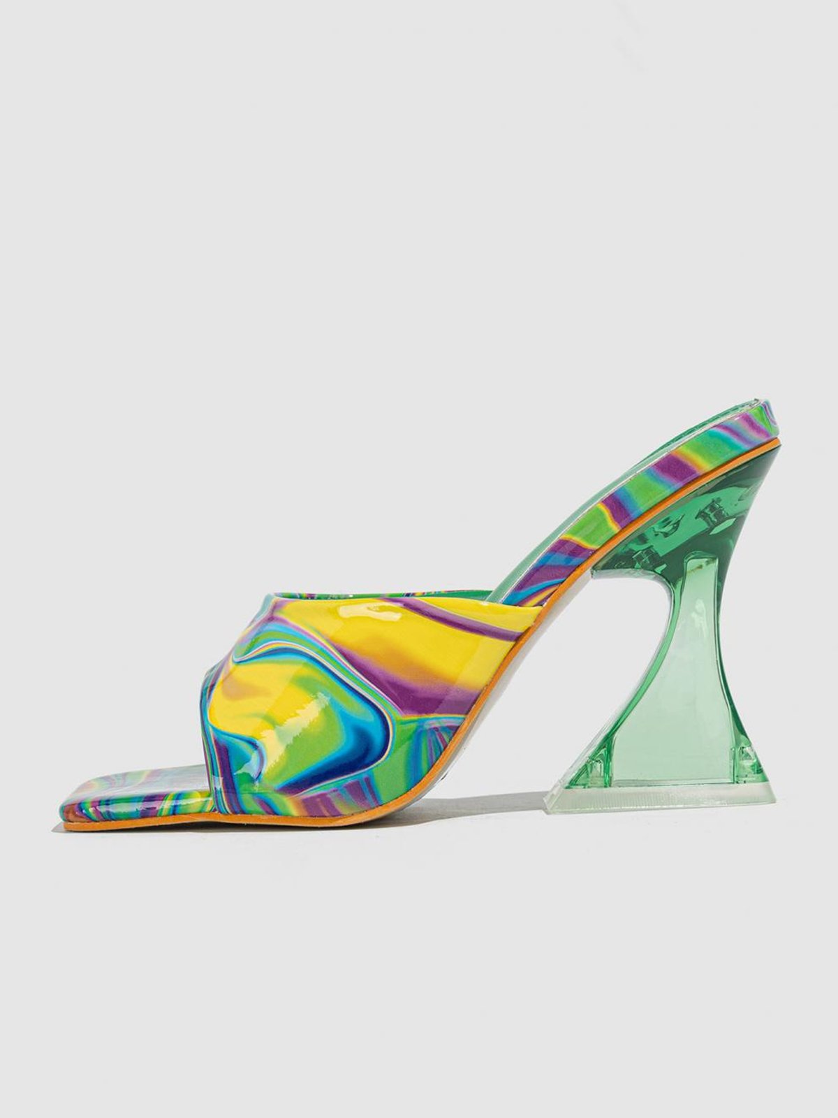 Abstract Print Clear Sculptural Heeled Mule Sandals