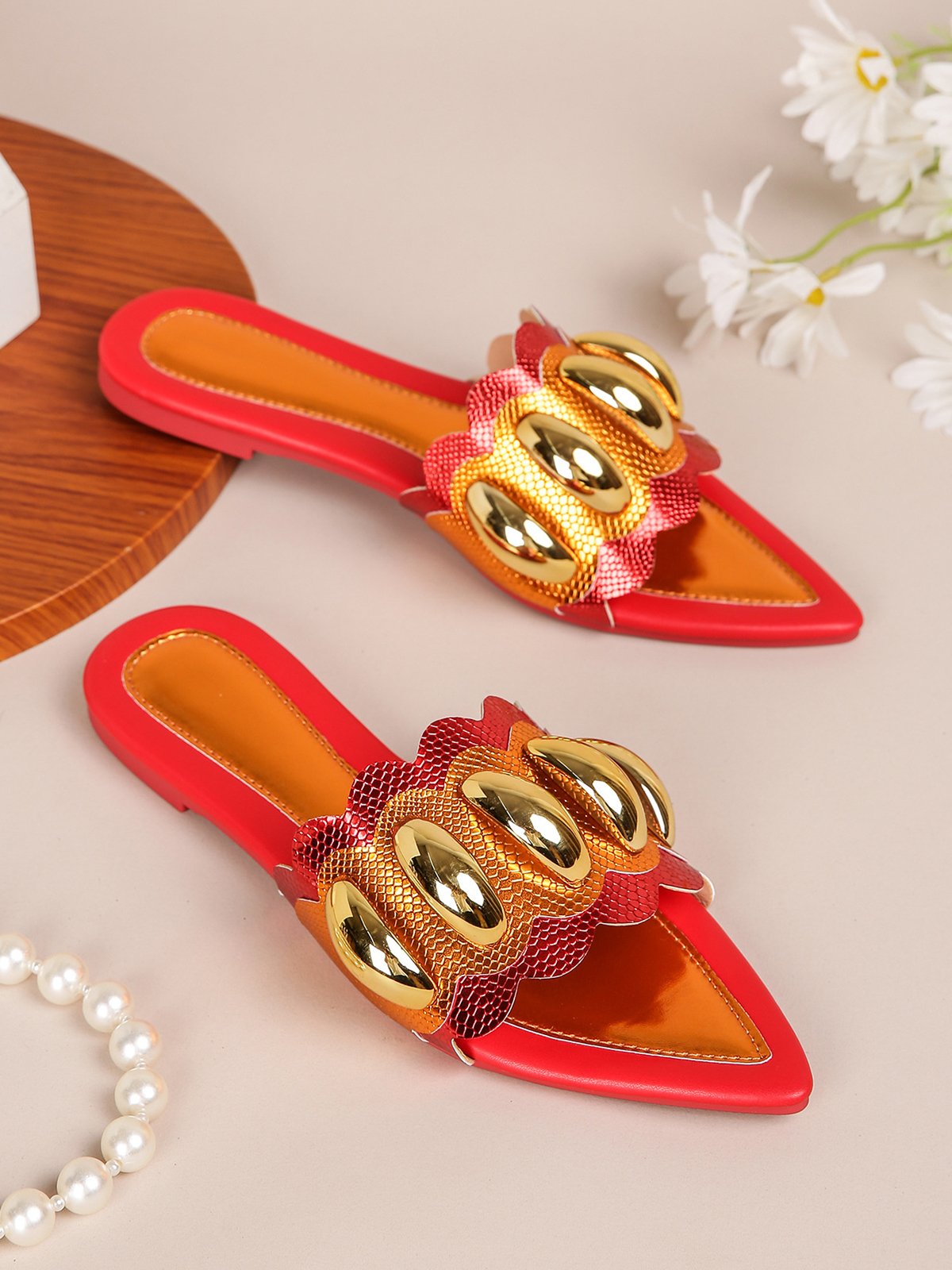 Metal Decor Color-block Embossed Slide Sandals