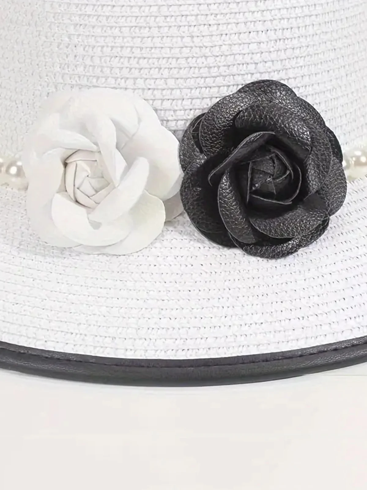 Elegant Imitation Pearl Camellia Handmade Straw Sun Hat