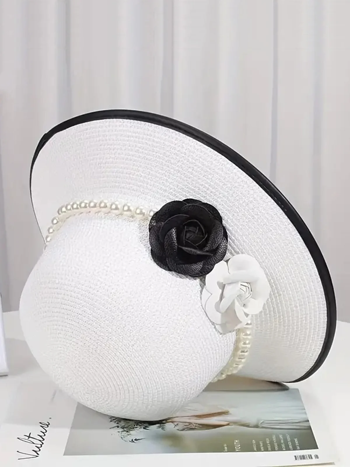 Elegant Imitation Pearl Camellia Handmade Straw Sun Hat