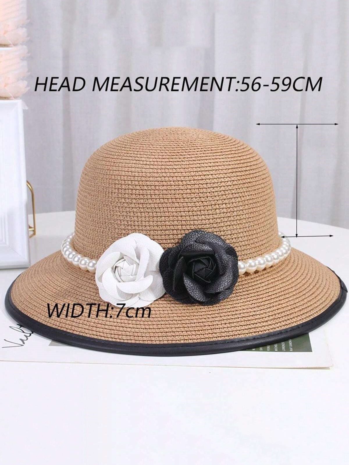 Elegant Imitation Pearl Camellia Handmade Straw Sun Hat