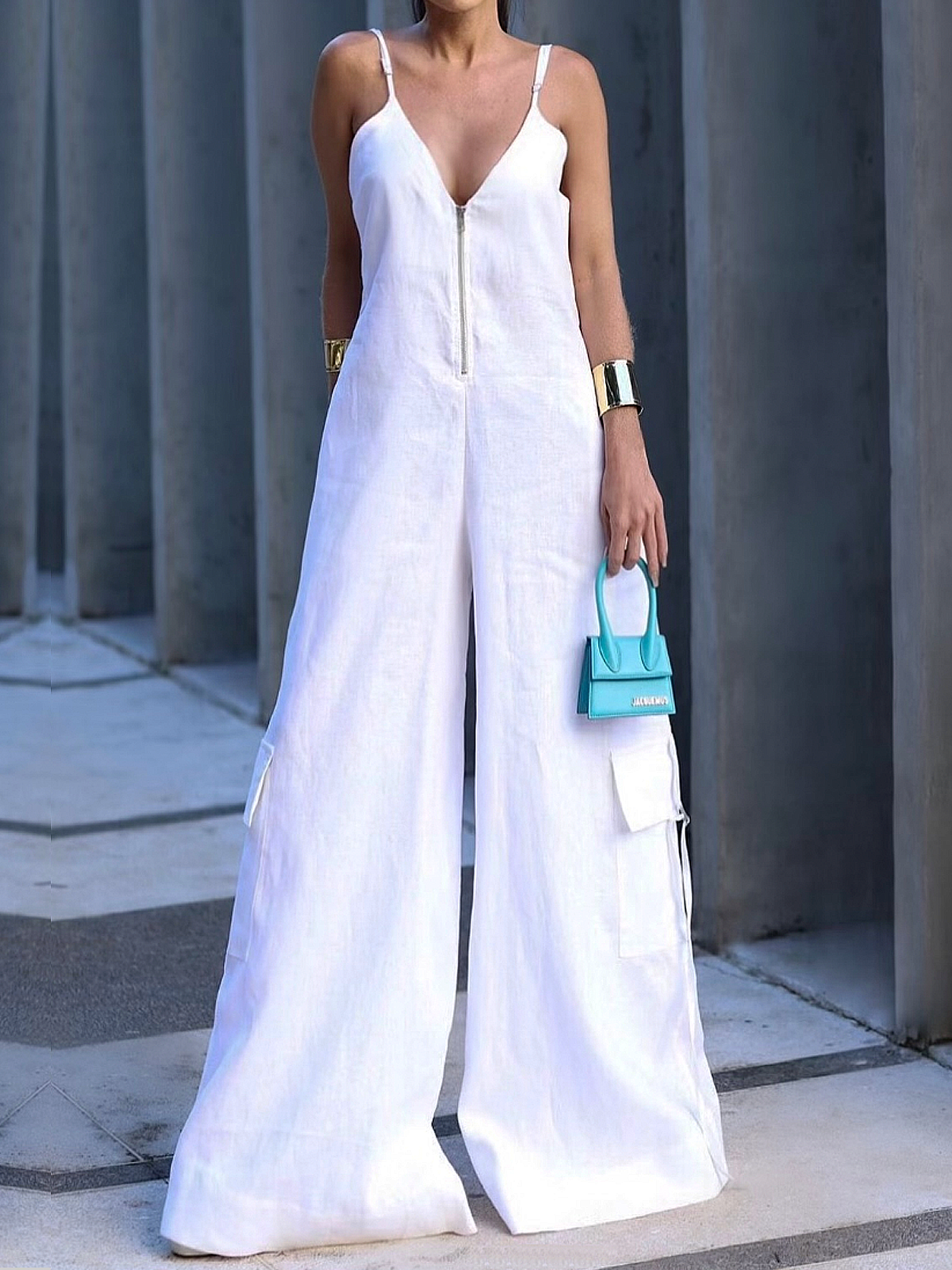 Loose Urban Sleeveless Spaghetti Jumpsuit with Pocket