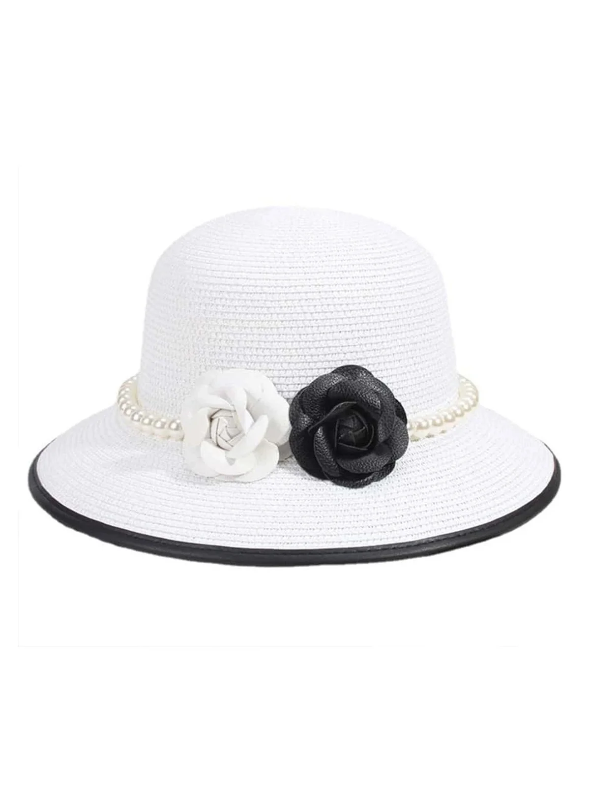 Elegant Imitation Pearl Camellia Handmade Straw Sun Hat