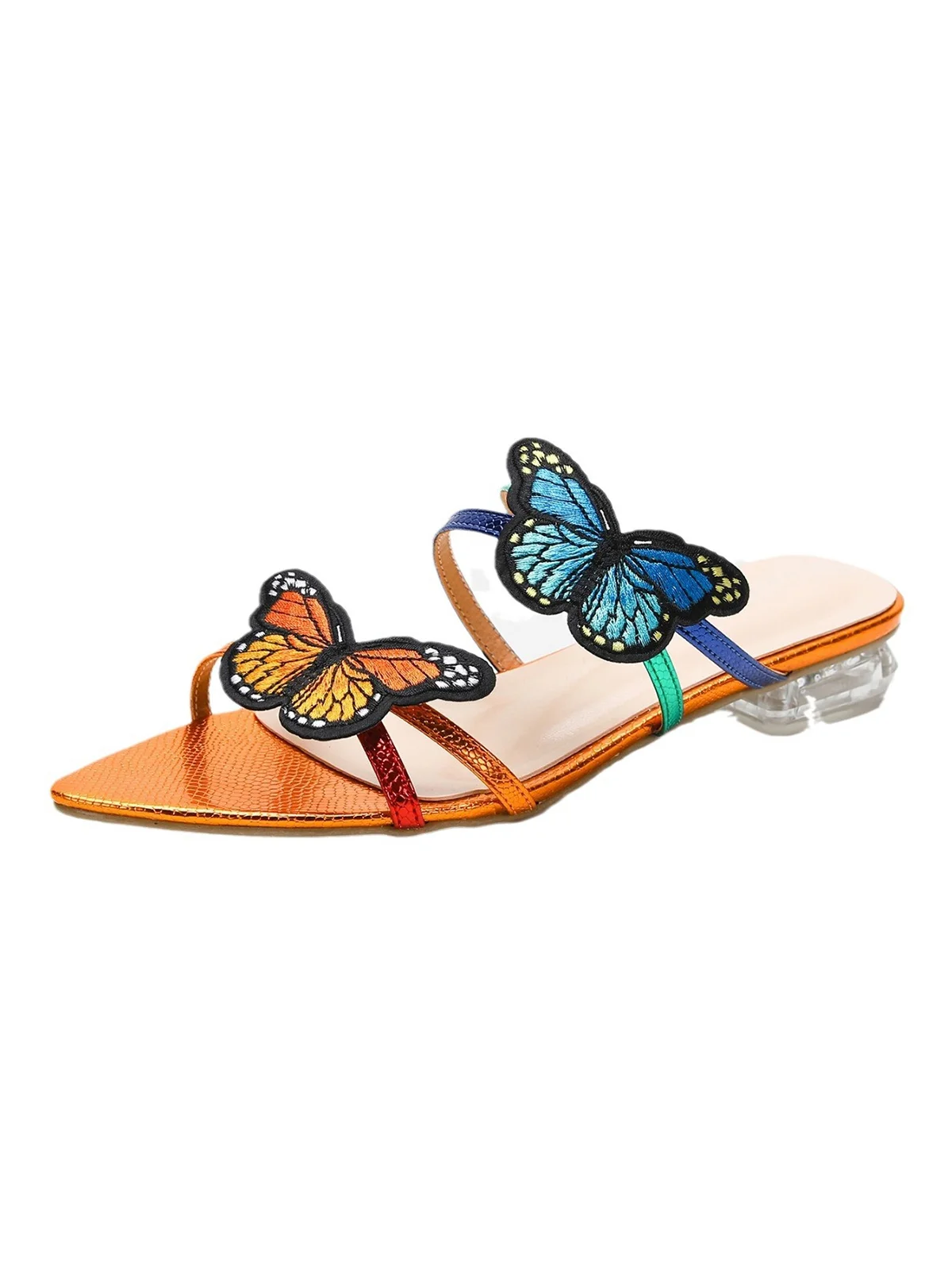 Embroidered Butterfly Transparent Low Heel Slide Sandals